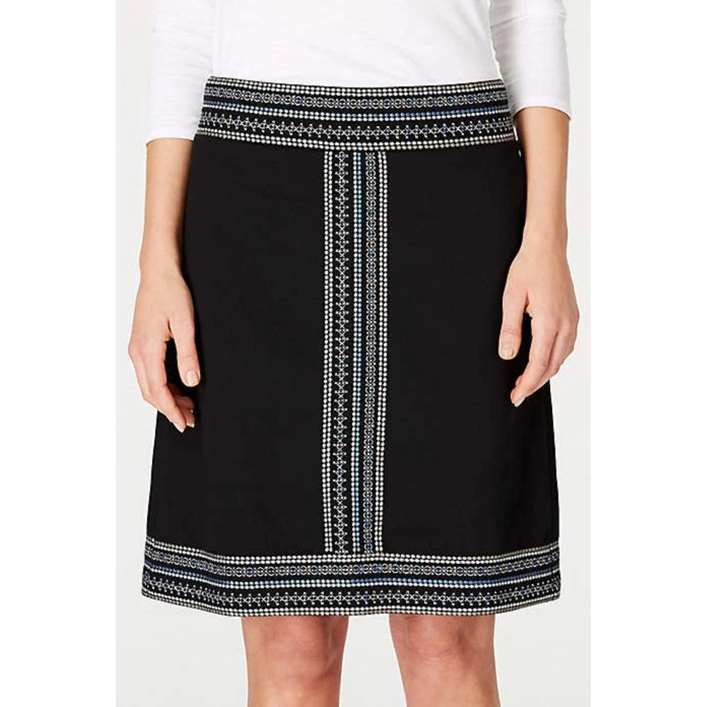 J.Jill Black Embroidered A-Line Skirt Women's XL Pull‎ On Knee Length Cotton